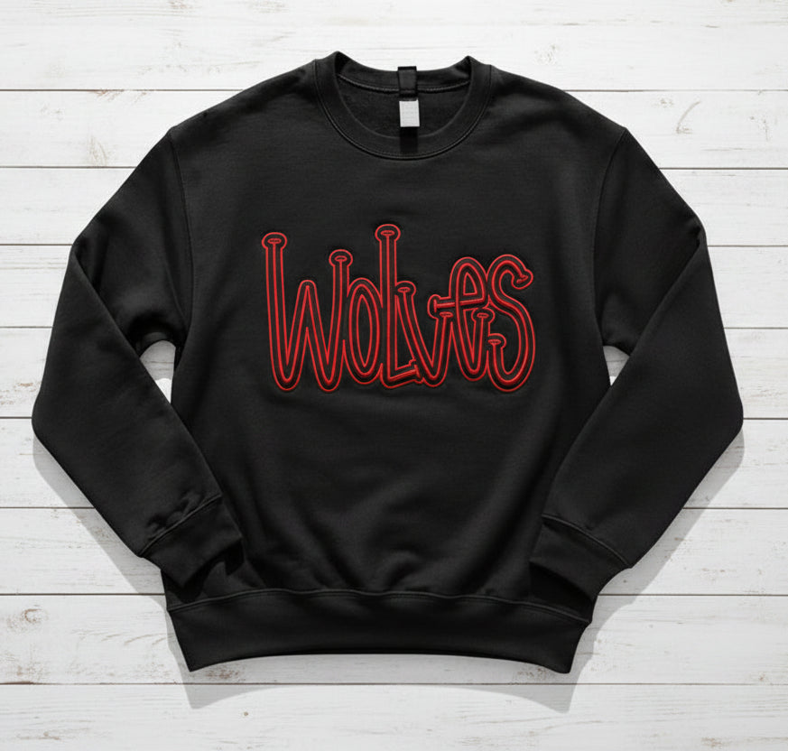 3D puff sweatshirt featuring a raised red 'Mascot' script on the chest on a white background.