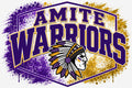 A graphic design featuring the text 'AMITE WARRIORS' in large purple and gold lettering, with a profile illustration of a Native American warrior head wearing a feathered headdress. The design is set against a white background with purple and gold paint splatter effects.