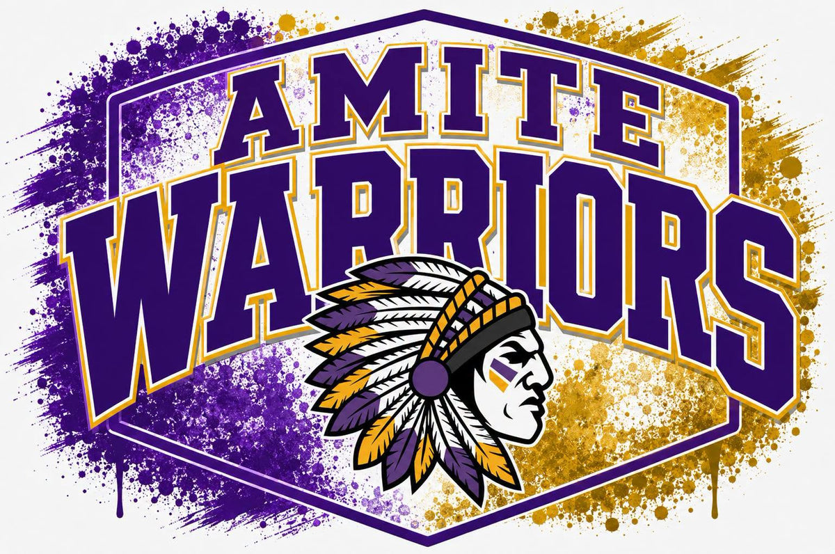 A graphic design featuring the text 'AMITE WARRIORS' in large purple and gold lettering, with a profile illustration of a Native American warrior head wearing a feathered headdress. The design is set against a white background with purple and gold paint splatter effects.