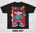 Tshirt graphic for a wolf-themed apparel pack, showing a black 'Bubble Wolf' shirt with a cartoon wolf. The background is wood.