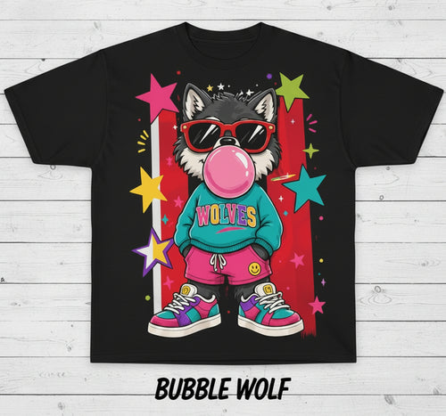 Tshirt graphic for a wolf-themed apparel pack, showing a black 'Bubble Wolf' shirt with a cartoon wolf. The background is wood.