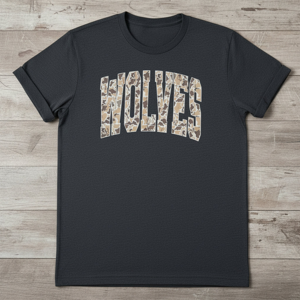 shirt with camo mascot words representing the mascot for a school