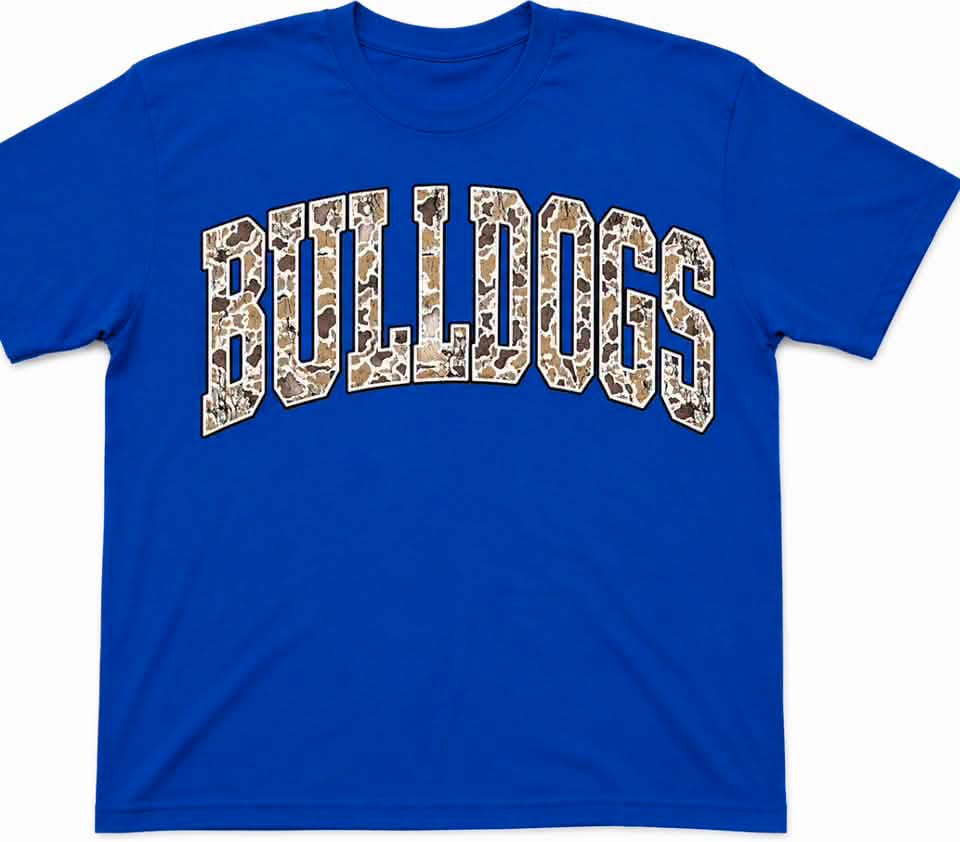 A royal blue short-sleeve t-shirt with the word 'BULLDOGS' printed across the chest in an arched collegiate font. The letters are filled with a tan and brown camouflage pattern and outlined in white.