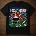 Shirt with Friday Nights Under the Lights wording with a football and helmet on the football field at the 50 yard line with lights in the background.