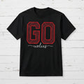 black shirt with GO Wolves in red and white on a wood background