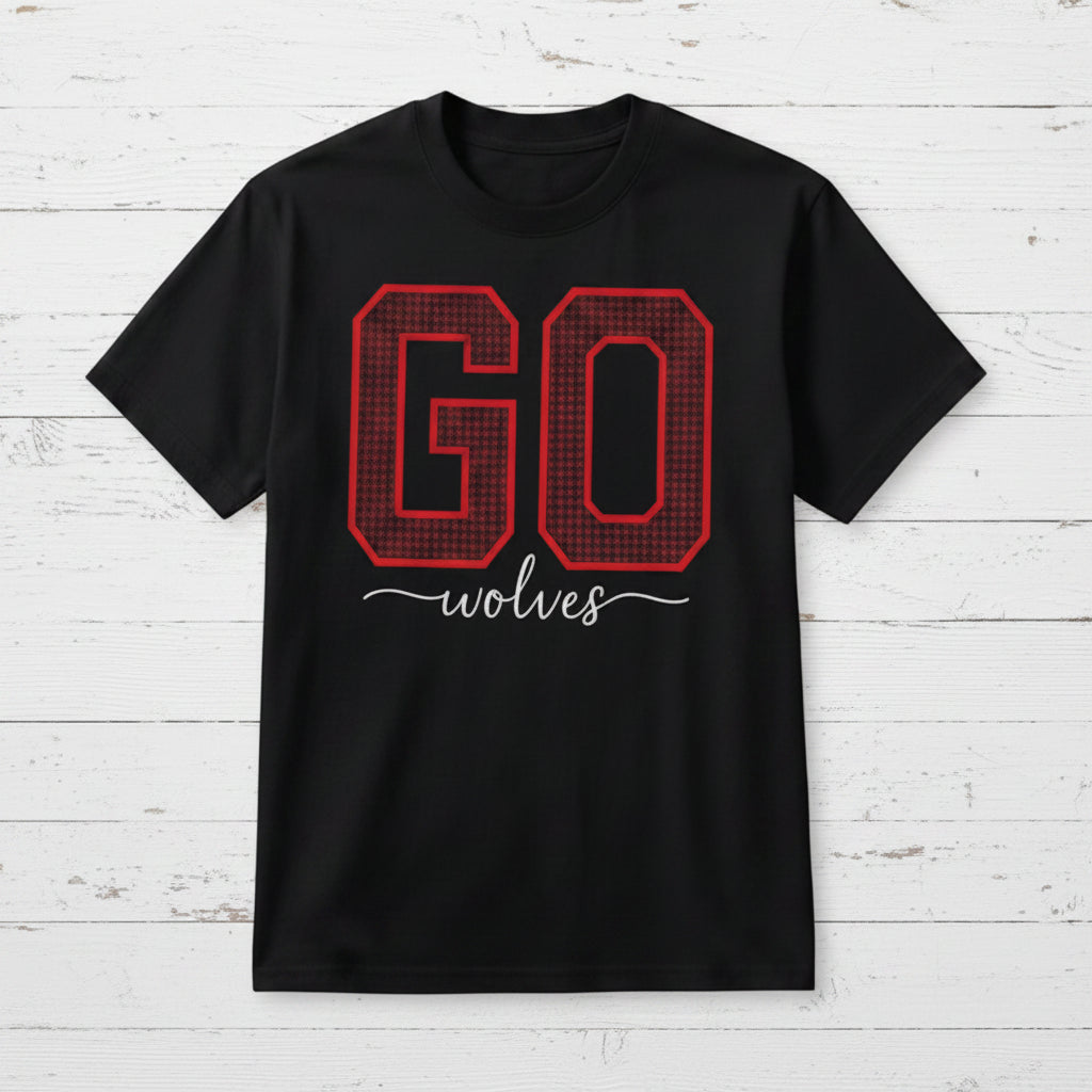 black shirt with GO Wolves in red and white on a wood background