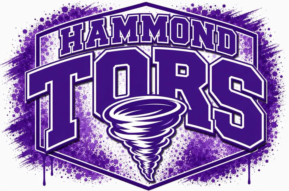 A purple and white Hammond Tors graphic design featuring a tornado logo and bold lettering on a light background.