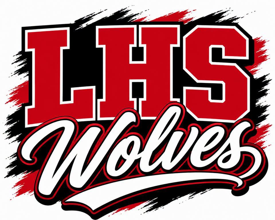 LHS Wolves logo graphic featuring bold red block letters 'LHS' with white outlines, white cursive 'Wolves' script, and black and red brushstroke accents on a white background.
