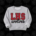 LHS in red and white polka dot letters with black embroidered outline and wolves underneath on a gray sweatshirt