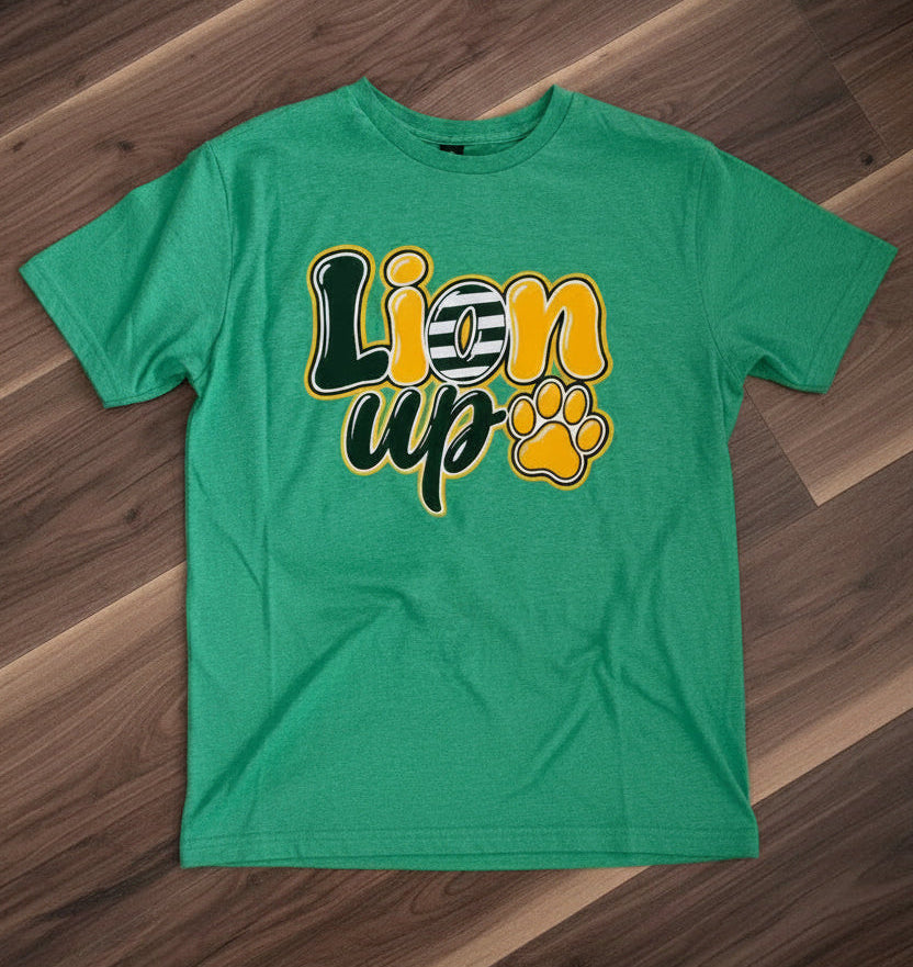 Green Shirt with lion up and paw print representing SLU college