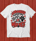 Loranger Elementary Wolves with wolf cub, paw prints, and stars in red, black and plaid