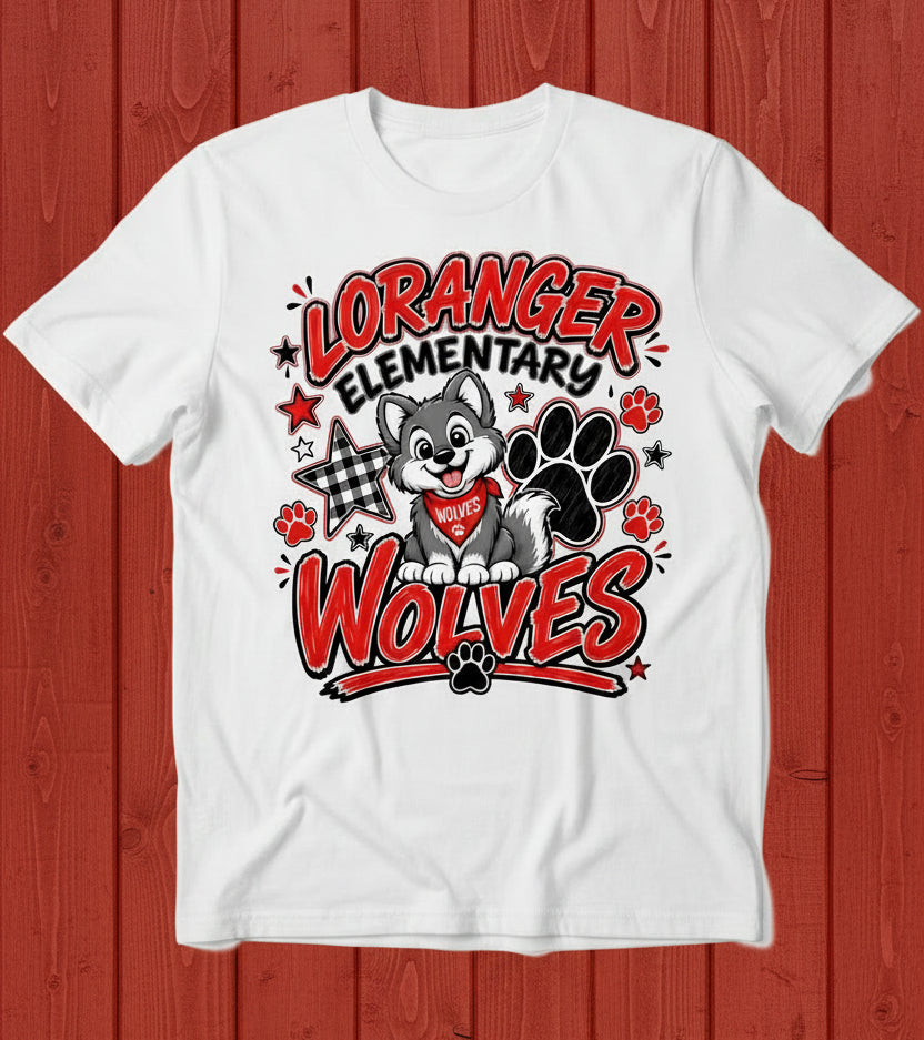 Loranger Elementary Wolves with wolf cub, paw prints, and stars in red, black and plaid