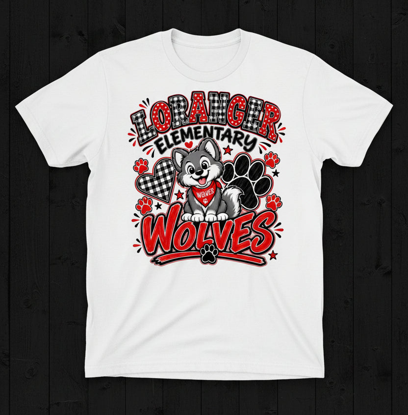 Loranger elementary wolves with wolf cub, paw prints and hearts with red and black with plaid