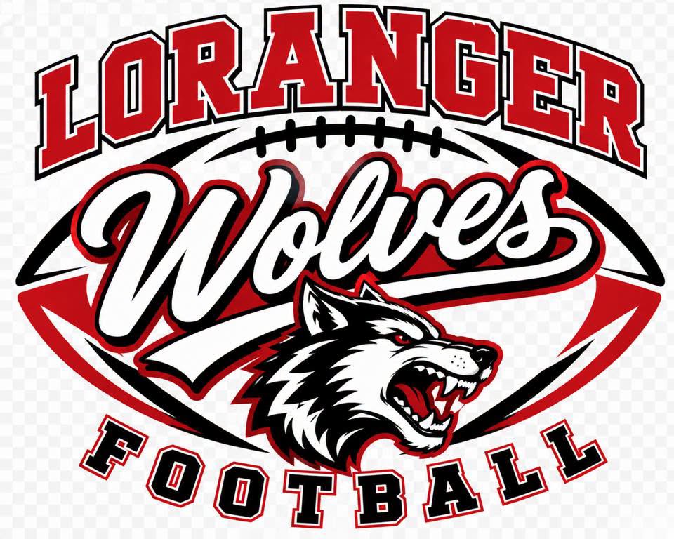 A sports graphic for 'Loranger Wolves Football' featuring a stylized wolf mascot head in front of a football-shaped emblem, with the words 'Loranger' at the top and 'Football' at the bottom.