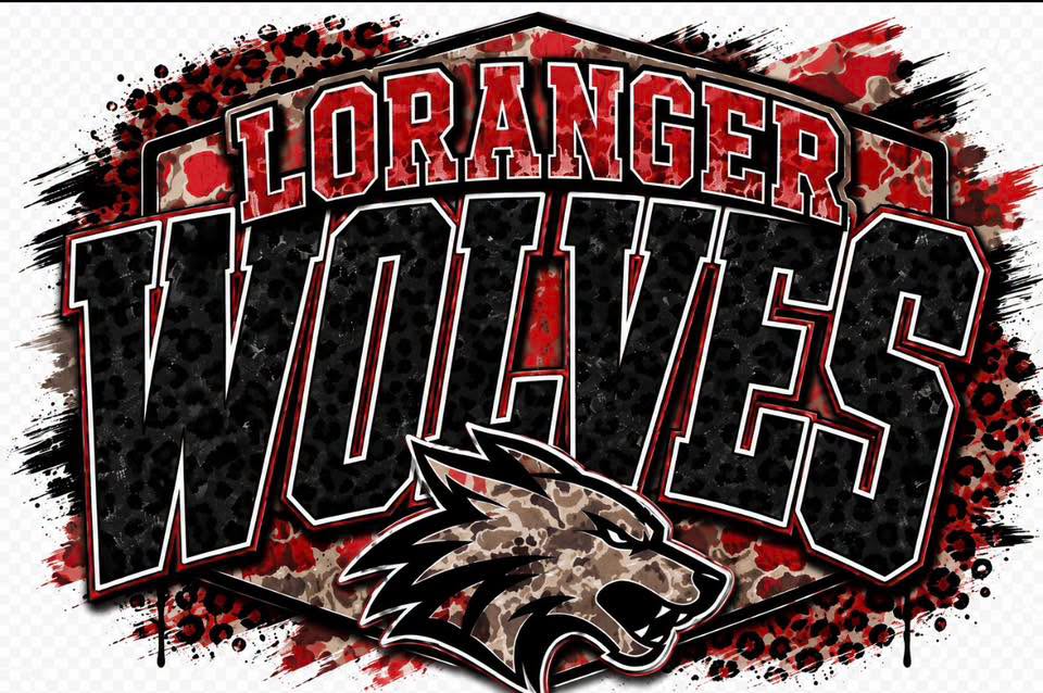 A graphic design featuring the text 'LORANGER WOLVES' in distressed red and black lettering with a wolf head mascot below, set against a splatter-style background on a white checkerboard backdrop.