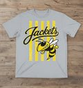 T-shirt arranged on a wood floor. The shirt features yellow and black graphics related to 'Jackets' and a bee design