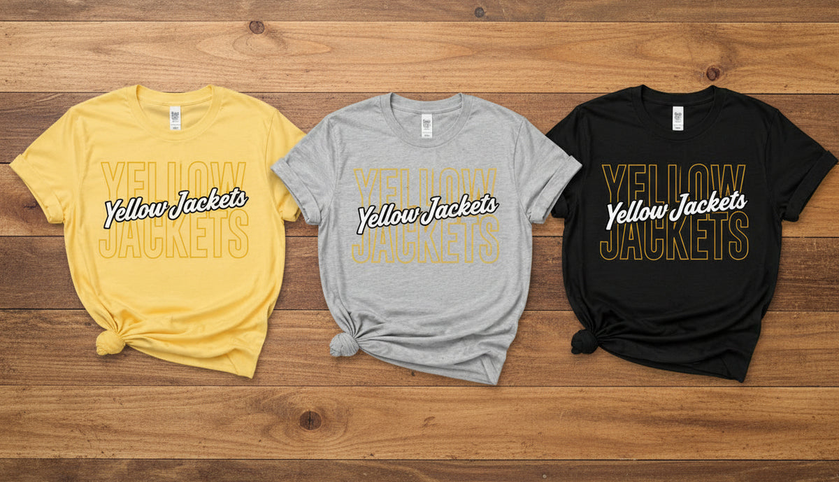 yellow, gray, black shirts with "Yellow Jackets" outlined and solid