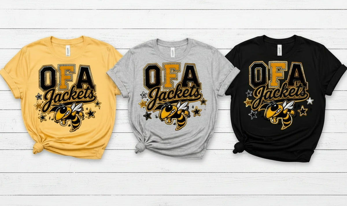 Three graphic t-shirts in yellow, gray, and black are displayed side-by-side with a 'Yellow Jackets' theme. The shirts feature a bold 'OFA Jackets' design with a bee and star graphics.
