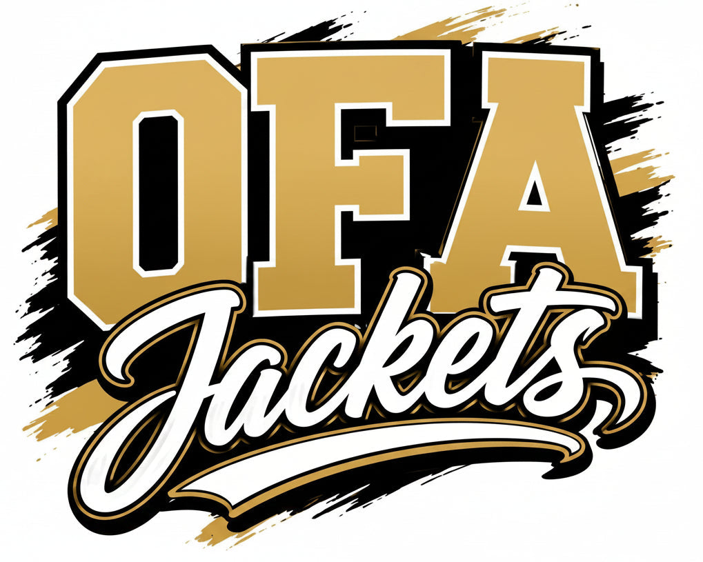 OFA Jackets logo graphic featuring bold gold block letters 'OFA' with white outlines, and 'Jackets' in white cursive script with gold and black outlines, set against a black and gold brushstroke background on a transparent checkered pattern.