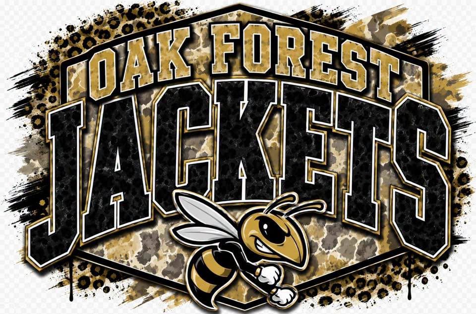 Oak Forest Jackets athletic graphic featuring large bold lettering, a bee mascot, and a leopard-print style background on a white checkerboard backdrop.