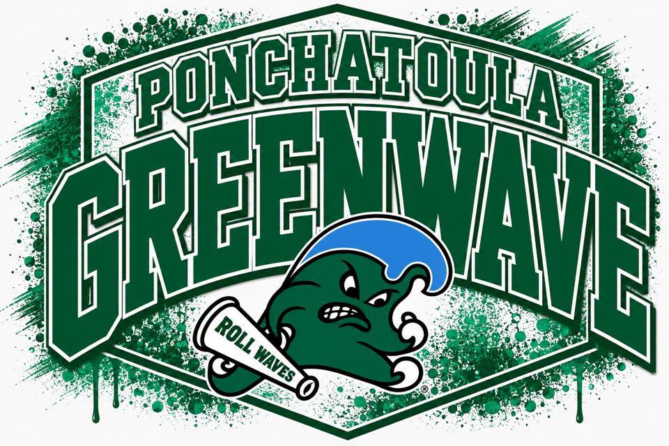 Green and blue Ponchatoula Greenwave graphic design with a mascot wave character holding a 'Roll Wave' banner, set against a white background with green paint splatters.