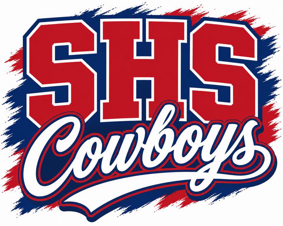 A sports graphic logo reading 'SHS Cowboys' with large red block letters outlined in white, white script text, and a red, white, and blue brush-stroke background on a white field.