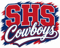 A sports graphic logo reading 'SHS Cowboys' with large red block letters outlined in white, white script text, and a red, white, and blue brush-stroke background on a white field.
