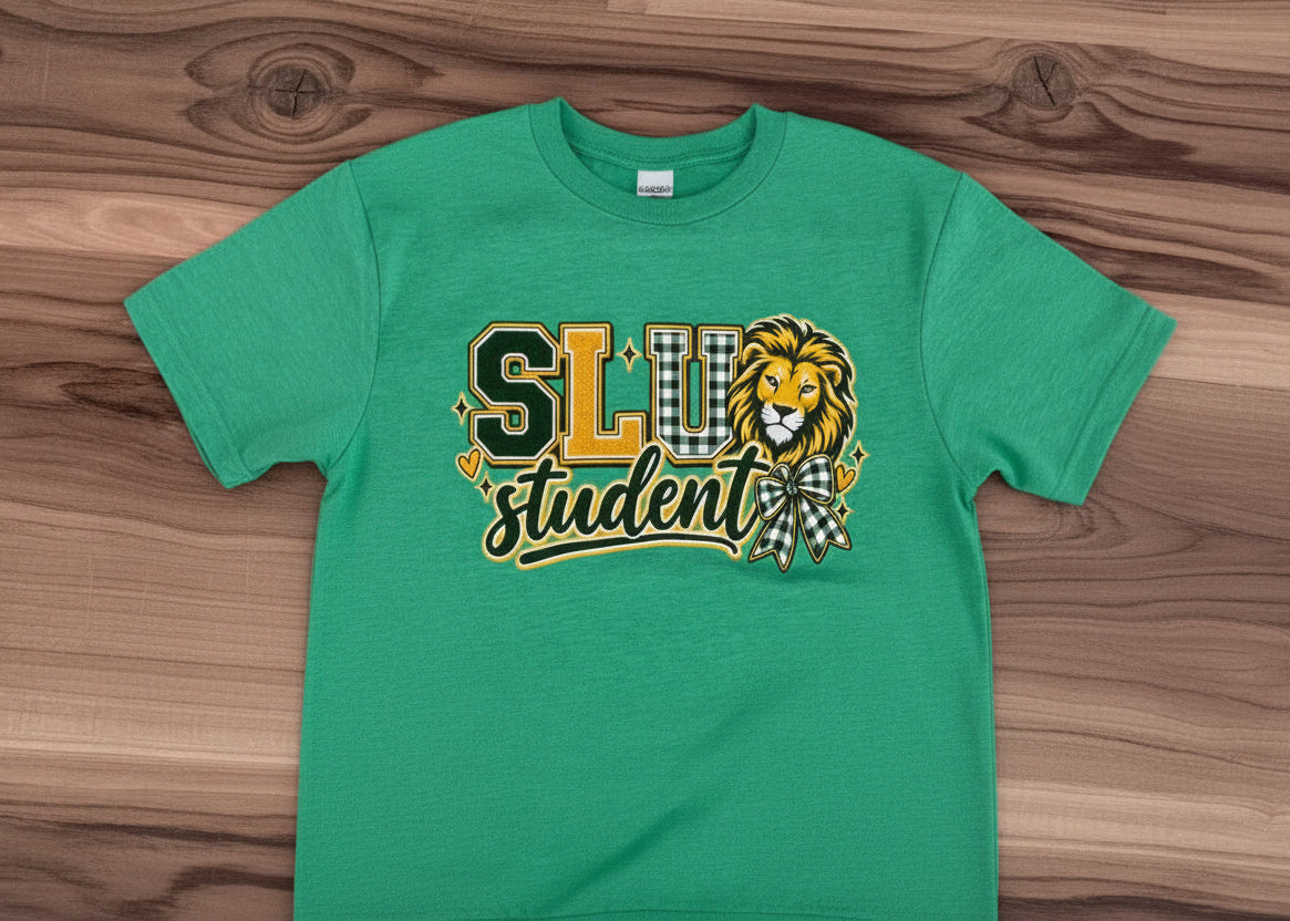green shirt with SLU Student on it with a lion head mascot
