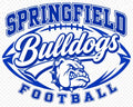 Springfield Bulldogs Football graphic featuring a bulldog mascot head and the text 'SPRINGFIELD Bulldogs FOOTBALL' in blue and white varsity-style lettering over a football outline.