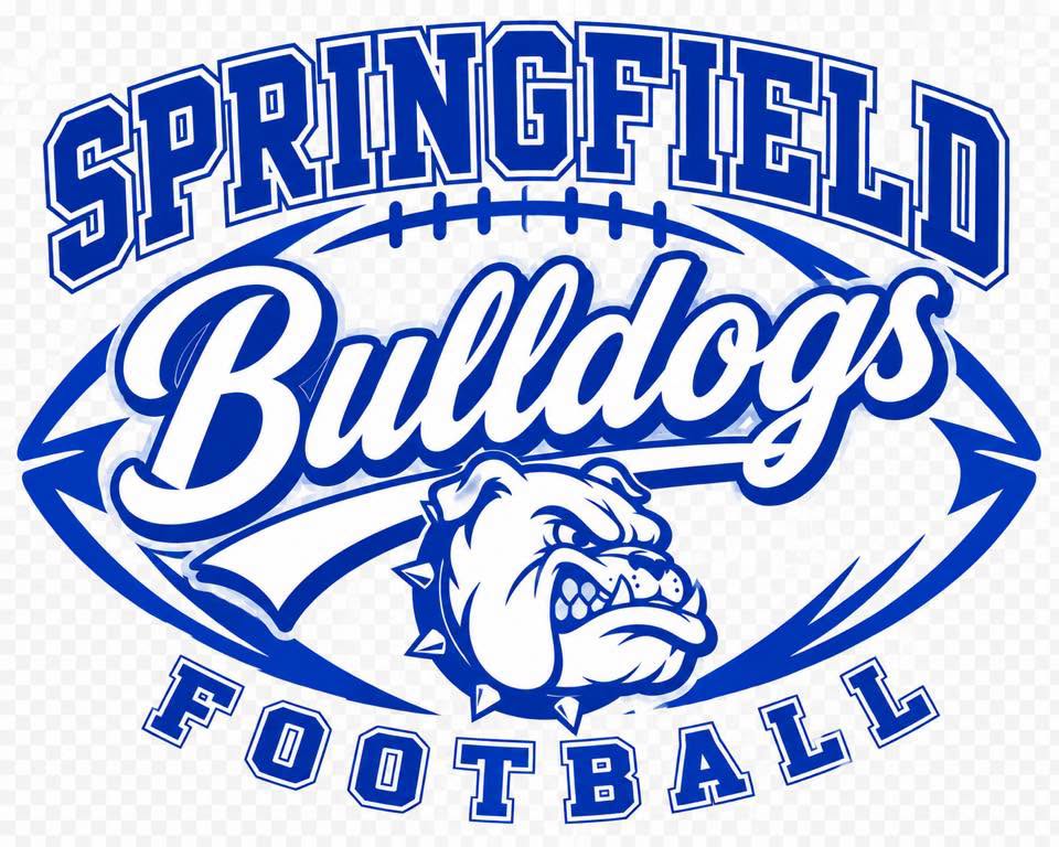 Springfield Bulldogs Football graphic featuring a bulldog mascot head and the text 'SPRINGFIELD Bulldogs FOOTBALL' in blue and white varsity-style lettering over a football outline.
