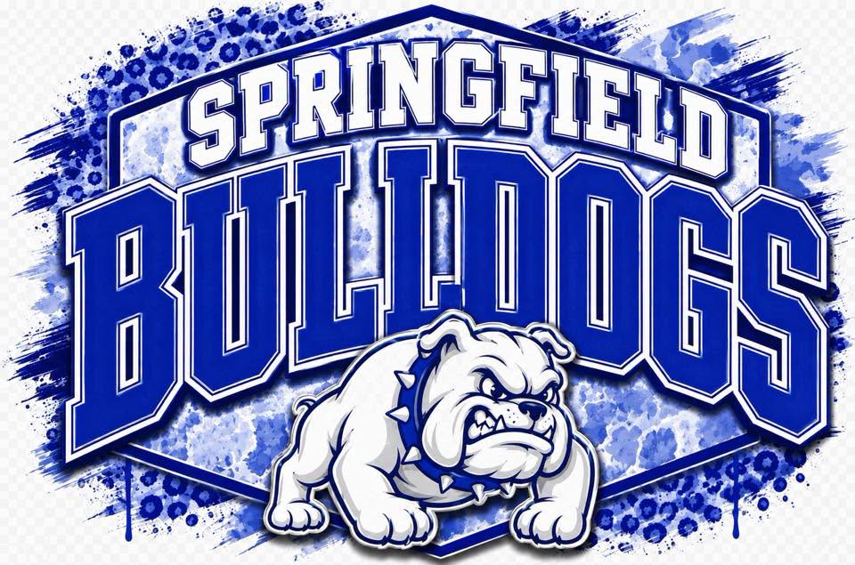 Springfield Bulldogs graphic design featuring a white bulldog mascot wearing a blue collar, set against a blue and white watercolor splatter background with bold collegiate lettering.