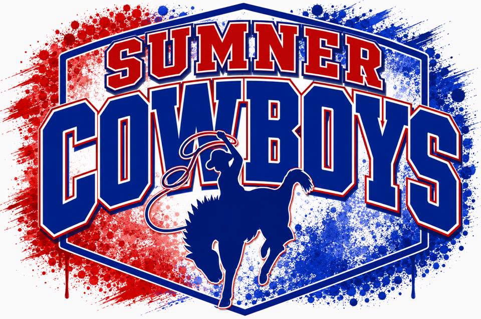 A red, white, and blue 'Sumner Cowboys' graphic design featuring bold varsity-style lettering and a cowboy silhouette on a white background with paint splatter details.