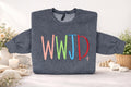 Gray sweatshirt with WWJD and a cross in colorful embroidery