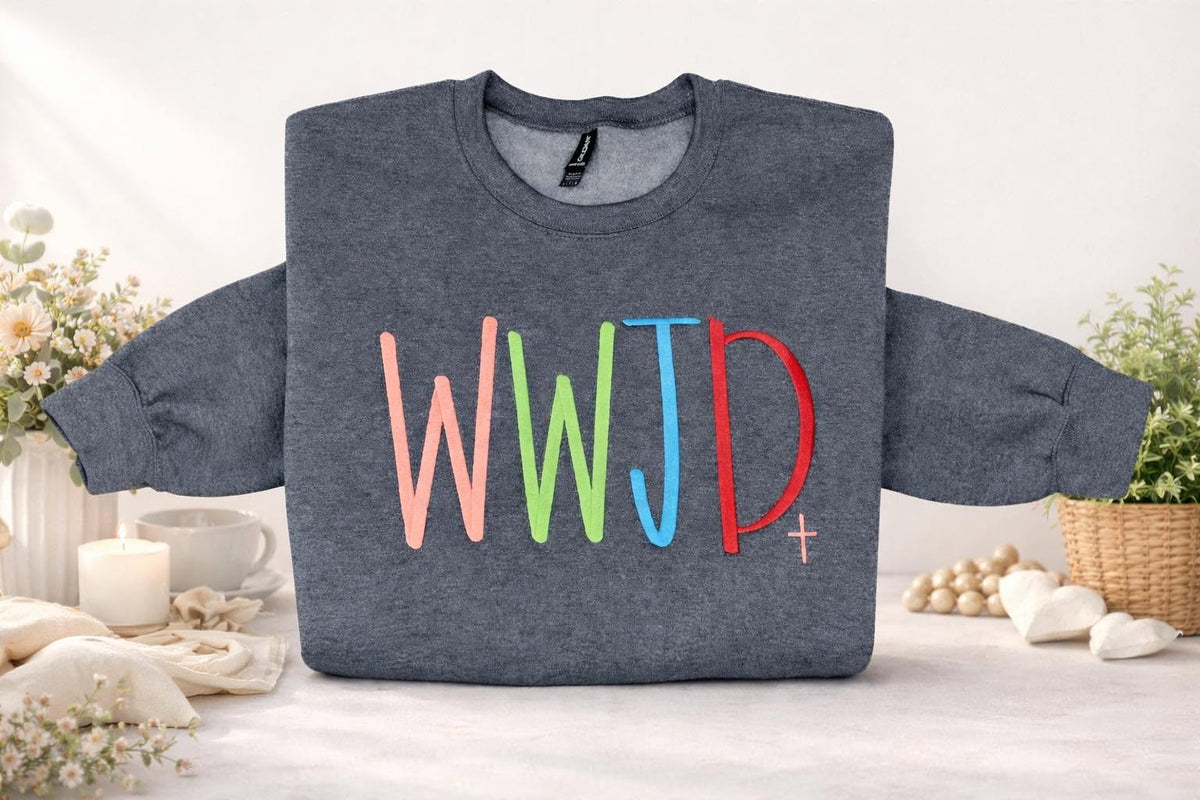 Gray sweatshirt with WWJD and a cross in colorful embroidery